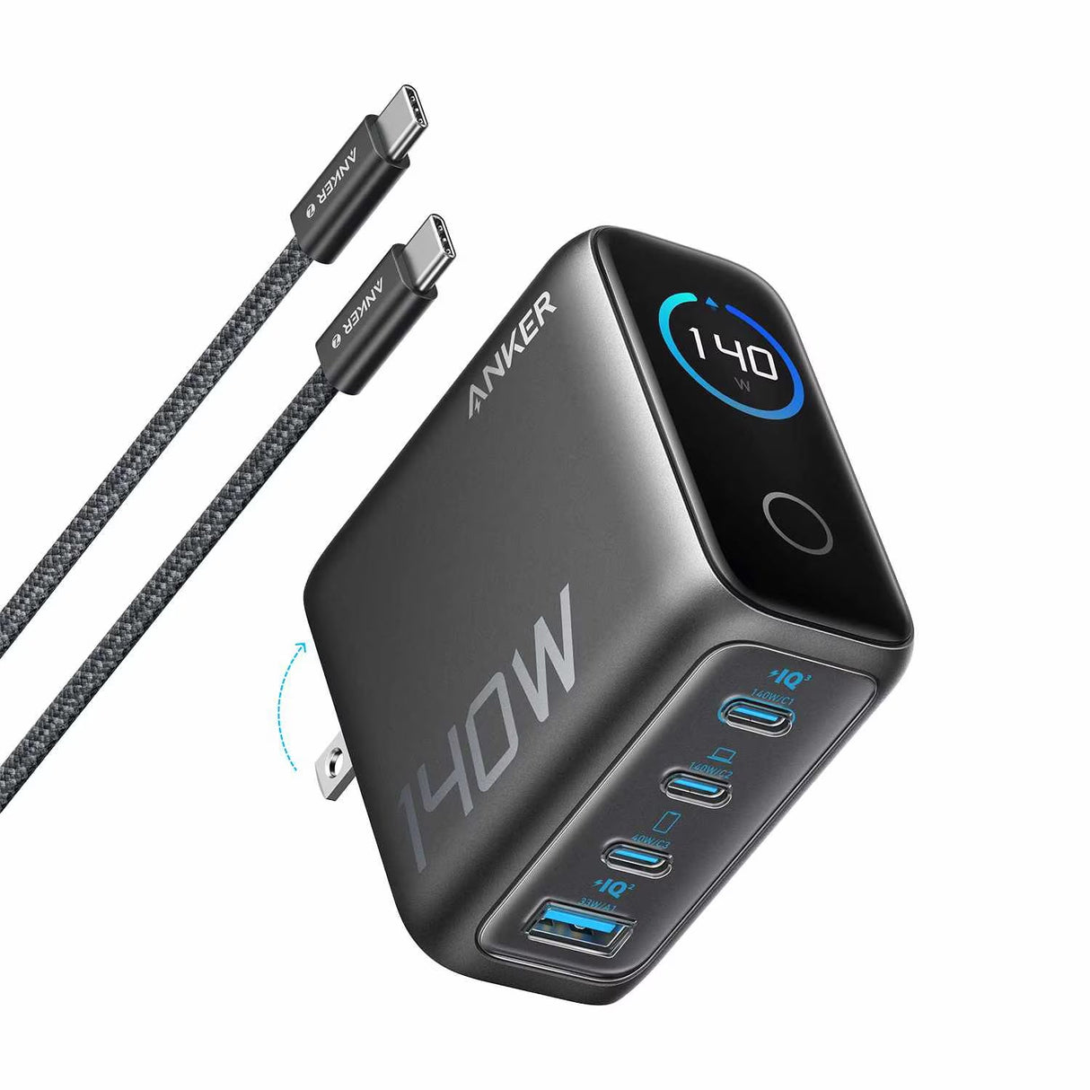 140W USB-C 4-Port PD 3.1 Fast Wall Charger with Touch Screen Dark Grey