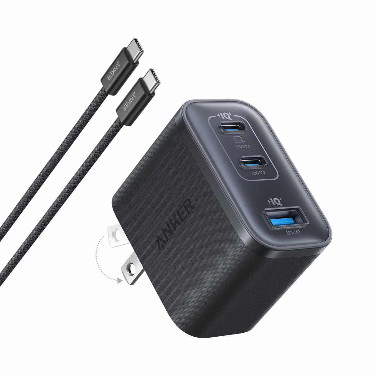 Nano 70W 3-Port USB-C Wall Charger with USB-C Cable Stone Black