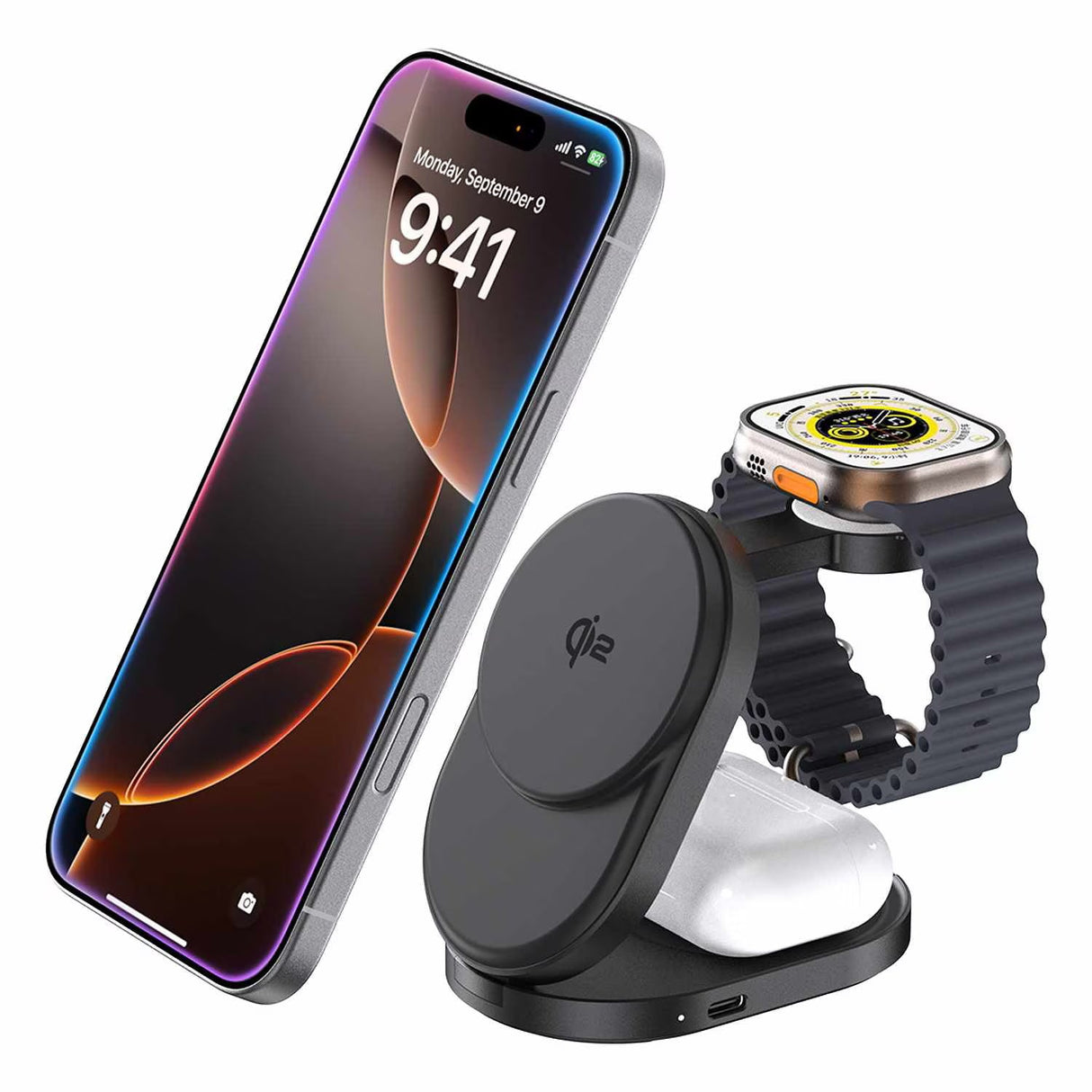 Foldable Qi2 3-in-1 15W MagSafe Compatible Wireless Charging Stand Black